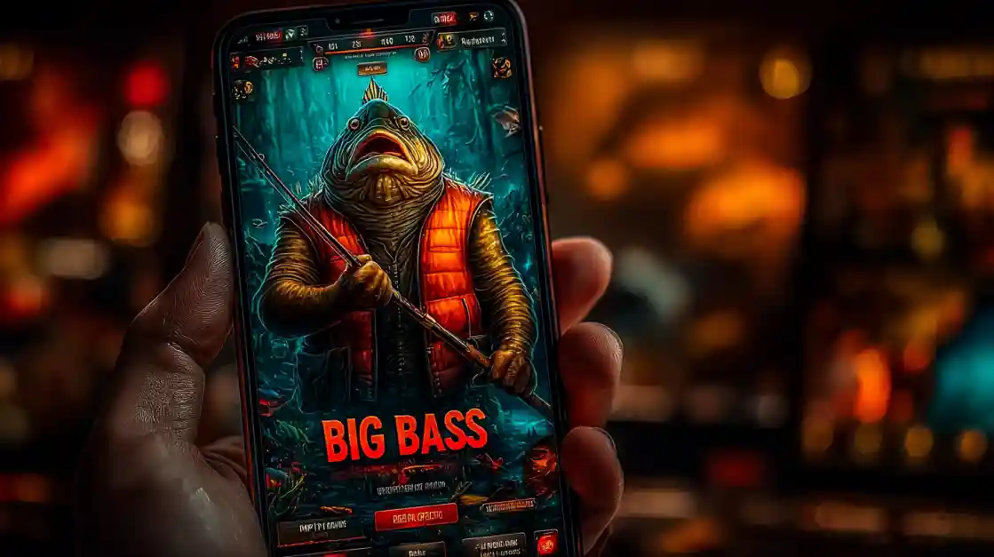 A close-up of a hand holding a smartphone showcasing a BIG BASS fishing game, featuring an anthropomorphic fish character, highlighting the engaging casual games on tk333.