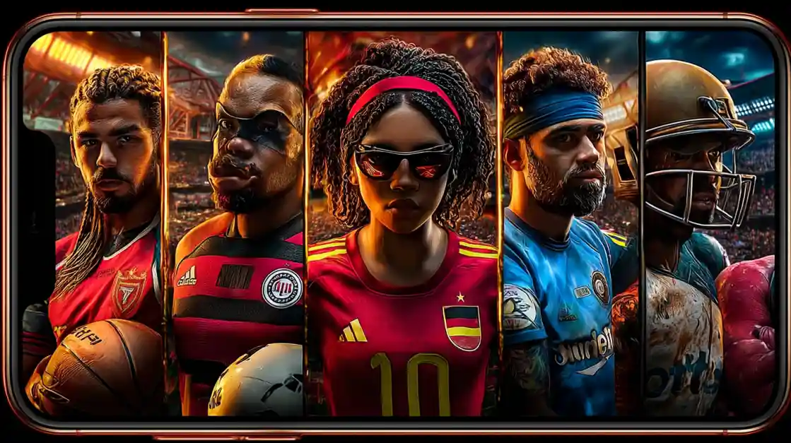 A smartphone screen displays a powerful collage of diverse male and female athletes from various sports, including football and soccer, representing the comprehensive sports betting options at tk333.