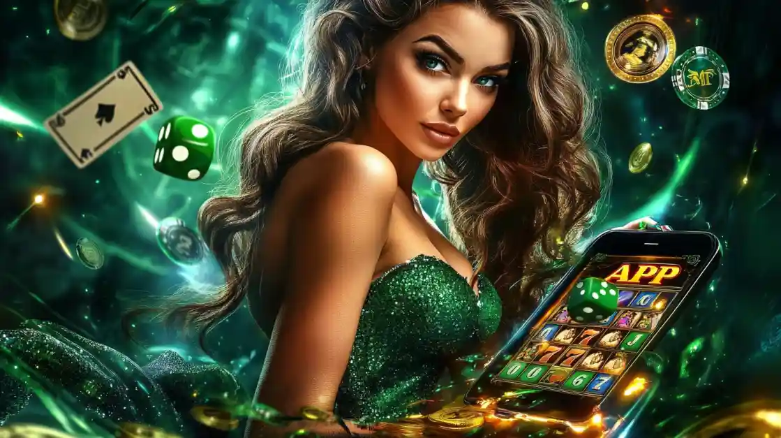 An enchanting woman with flowing hair, adorned in green, gazes captivatingly, surrounded by floating cards, dice, and coins, alongside a smartphone featuring the tk333 gaming app.