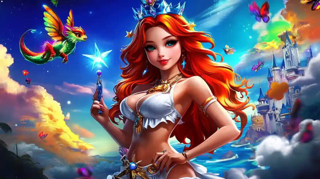 A vibrant fantasy scene featuring a beautiful princess with fiery red hair and a crown, holding a magic wand, with a small winged dragon and a fairytale castle in the background, embodying the magical world of tk333.