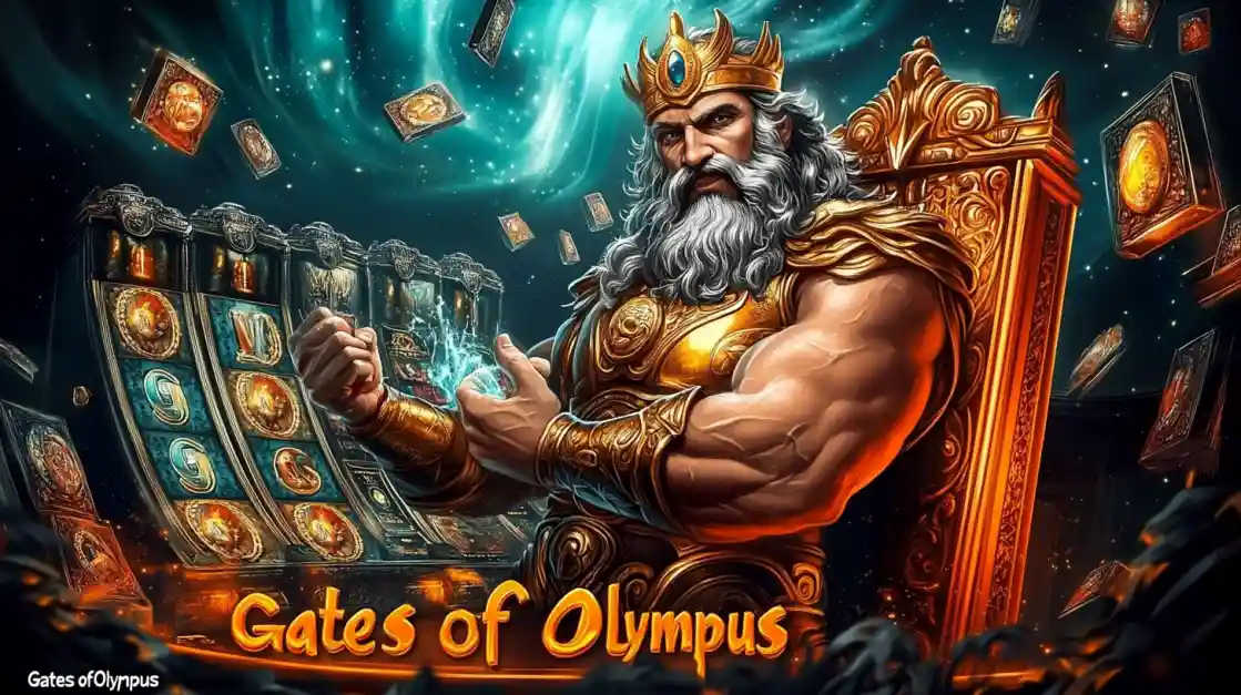 A majestic Zeus figure on a golden throne, surrounded by floating cards and a tk333 slot machine, with Gates of Olympus prominently displayed, inviting players to a mythical gaming experience.