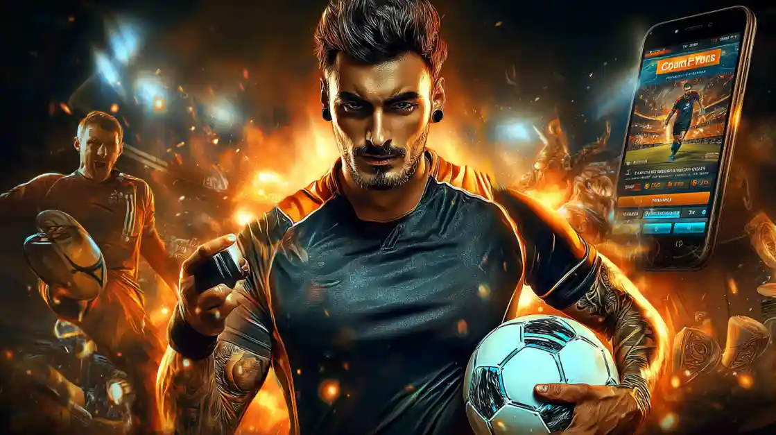 An intense male soccer player with tattoos holds a football, looking confidently at the camera with a tk333 sports betting app on a phone beside him, all set against a fiery action background.