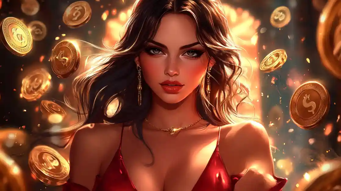 A stunning woman in a red dress, adorned with delicate jewelry, looks directly at the viewer as a shower of golden tk333 coins rains down around her, symbolizing big wins.
