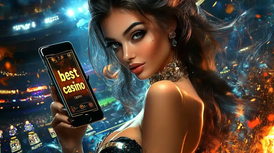 An alluring woman holds a smartphone with the best casino app from tk333 glowing on the screen, set against the backdrop of a brightly lit stadium and ambient flames.