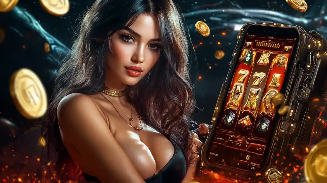 A beautiful woman in a black top looks confidently at the viewer while holding a smartphone displaying a tk333 mobile slot game with 777 symbols and golden coins.