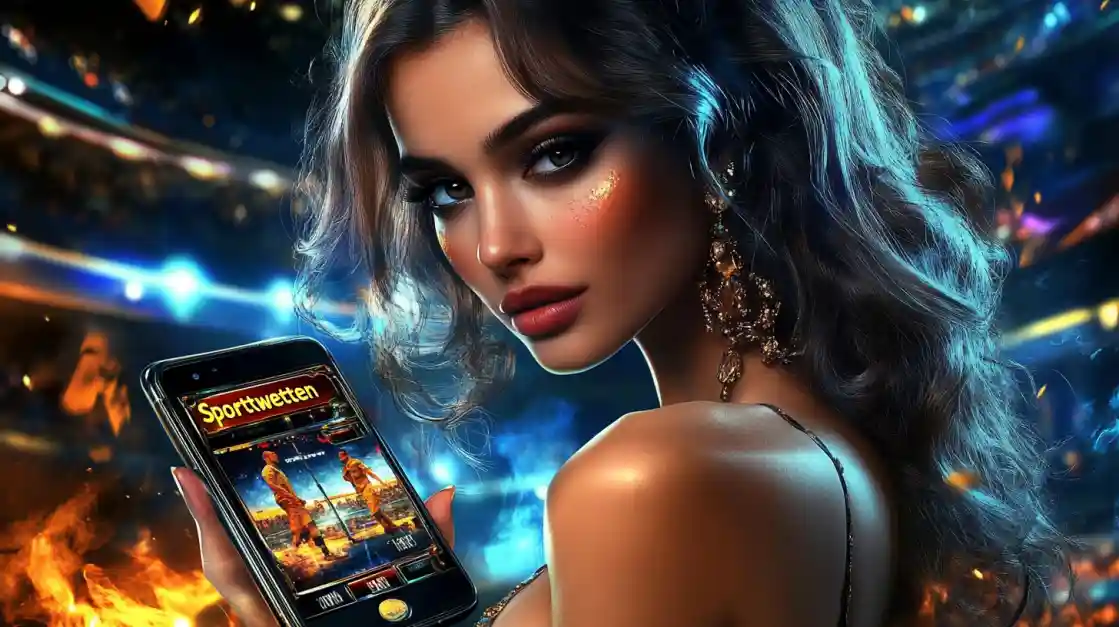 A glamorous woman with elegant makeup looks over her shoulder, holding a smartphone displaying the tk333 sports betting app against a vibrant stadium backdrop with fire effects.